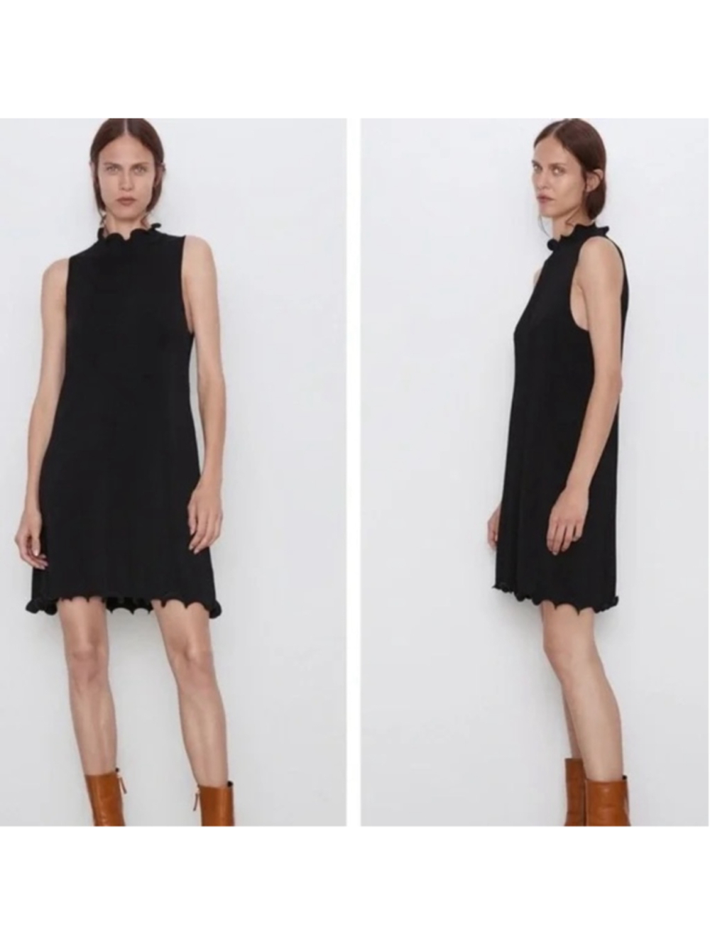 Zara Black Scalloped Knit Lettuce Hem Mockneck Mini Dress Size M New
